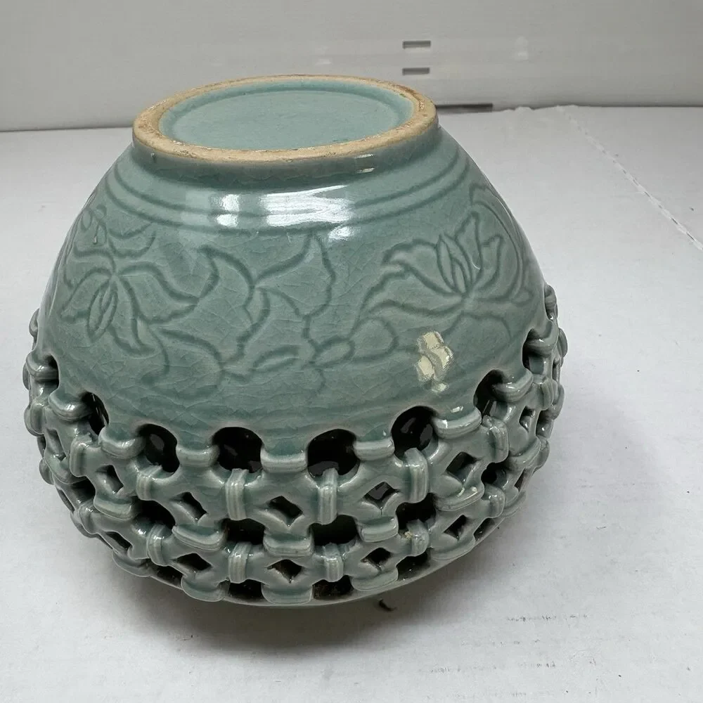 Korean Celadon Double Wall Openwork Vase W/Inlaid Crane & Cloud Motif 5” x 6”